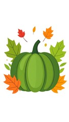 Cartoon-style illustration of a green pumpkin surrounded by autumn leaves