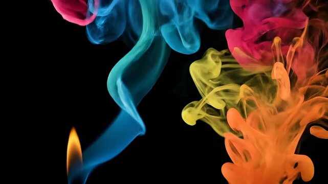 Humo abstracto y vibrante de m&uacute;ltiples colores se eleva et&eacute;reamente desde una fuente invisible, fondo de video en bucle, part&iacute;culas de colores arremolin&aacute;ndose, fluido, m&iacute;stico -  Smoke fire