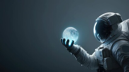 An astronaut in a white space suit holds a glowing moon in their hand. The background is dark, emphasizing the astronaut and the moon's illumination. - Powered by Adobe