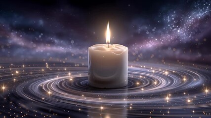 Candle burns in cosmic space surrounded by swirling galaxies and glowing stars. Ethereal setting creates a tranquil ambiance for relaxation and meditation. Concept of wellness and mindfulness - Powered by Adobe