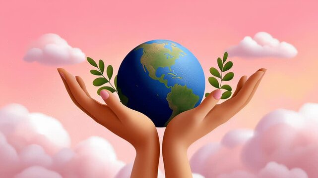 Hands hold globe with greenery, symbolizing care for the planet. Soft pink cloud background adds warmth. Concept of environmental awareness, sustainability, eco-friendly initiatives