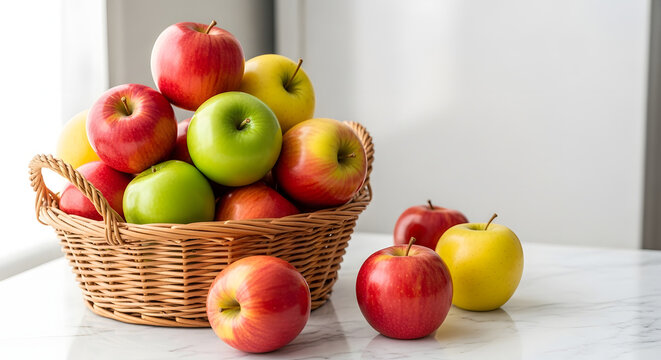 Basket of red and green apples on kitchen countertop representing Autumn weather  