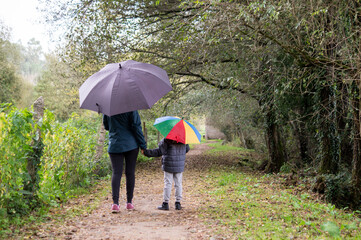 Mother and Son Walking with Umbrella in Autumn Forest