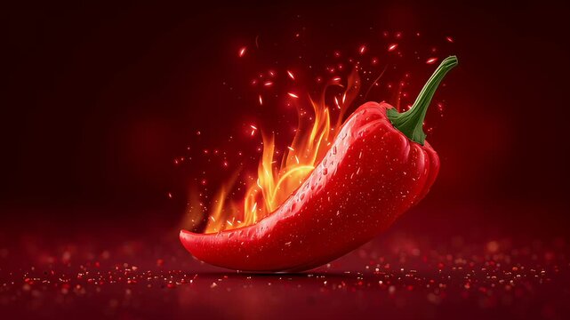 Red chili pepper bursts into flames with vibrant sparks illuminating the background. Bold colors create dynamic energy, ideal for food industry, cooking, culinary arts