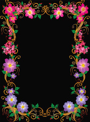 brown frame decorated by lilac and pink flowers isolated on black