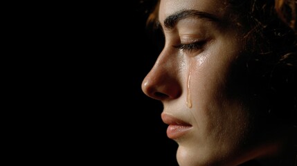 Fototapeta premium A woman is seen with tears streaming down her cheek, lost in thought. The dark background highlights her emotional expression, evoking a sense of vulnerability and introspection.