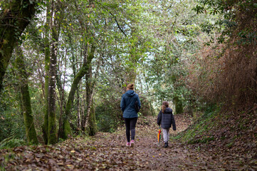 Fototapeta premium Mother and son walking along a path with trees in autumn