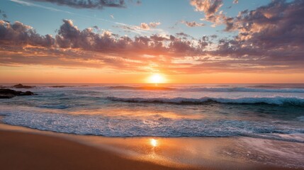 Fototapeta premium Waves gently lap against the sandy shore as the sun sets on the horizon, painting the sky in vibrant hues of orange and pink. Clouds reflect the warm colors in a serene atmosphere.
