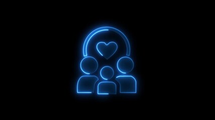 Neon blue outline of a family icon with a heart on a 4k video black background symbol