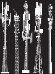 group of five antenna tower silhouettes on black
