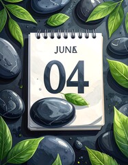 Cartoon-style illustration of a June calendar page surrounded by stones and leaves