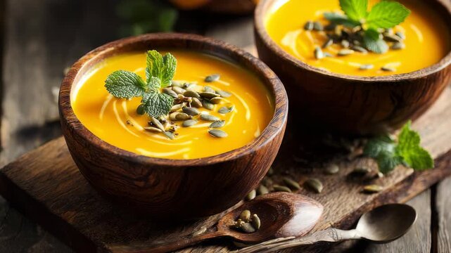 Warm pumpkin soup with creamy texture and vibrant orange color, topped with seeds and herbs for extra flavor. Ideal for fall comfort food, vegetarian diets, and festive gatherings