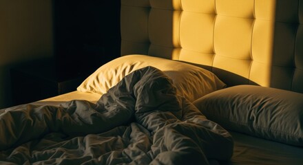 Unmade bed with rumpled sheets in golden morning sunlight. Cozy bedroom interior with a tufted headboard. Waking up to a new day concept. Restful lifestyle and personal relaxation