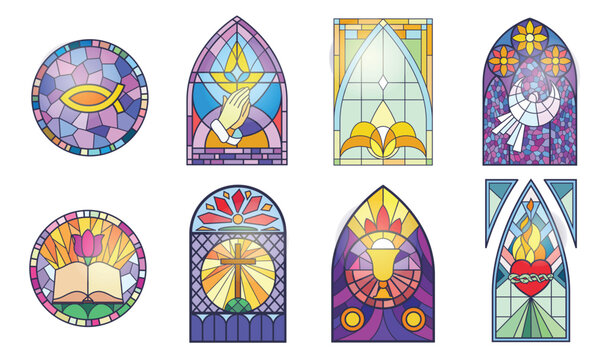 Mosaic windows of church set vector illustration. Cartoon isolated medieval gothic arch frames with Christian religious abstract patterns, colorful stained glass windows collection of old chapel