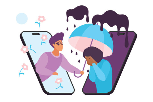 Empathy, care and online help of friend or psychology or psychotherapy counselor vector illustration. Cartoon isolated mobile phones with man holding umbrella over sad crying woman in depression - Powered by Adobe