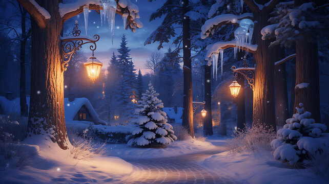 Snow covered forest path with glowing lanterns and icicles winter - Powered by Adobe