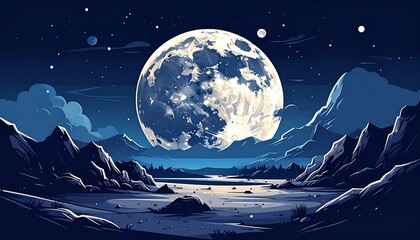 Cartoon-style illustration of a large full moon over mountains and water
