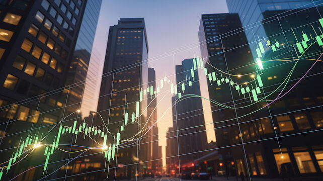Stock market graph overlay on city skyline at dusk with skyscraper buildings stock chart - Powered by Adobe
