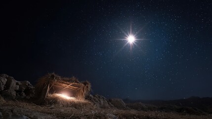 A serene depiction of the night sky, with a bright star shining above an empty manger, symbolizing peace and hope. ..Created with Generative AI, not depicting real subjects.