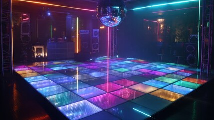 This vibrant dance floor features colorful lights and a glittering disco ball. The lively atmosphere hints at a fun night ahead in a trendy urban venue.