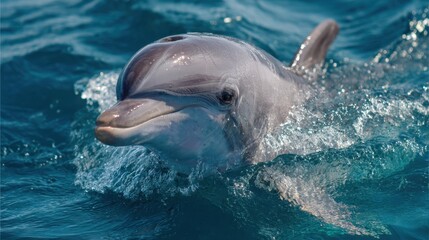 Obraz premium A playful dolphin is swimming in the clear blue ocean waters. The sun shines brightly, highlighting the dolphin's sleek form as it leaps through the waves.