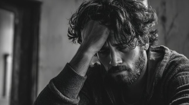 A man with curly hair and a beard sits in a quiet room, his hand resting on his forehead as he contemplates his emotions and thoughts in a moment of solitude.