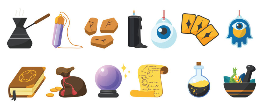 Magic elements set vector illustration. Cartoon isolated sorcerers or witchs potion in bottle, crystal ball and coffee in cezve, runes and tarot cards to predict future, creepy eye and black candle
