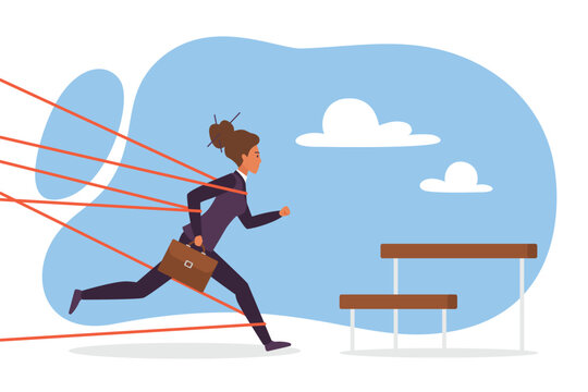 Career obstacle for businesswoman, inequality and sexism vector illustration. Cartoon female employee running towards barrier with perseverance to jump, difficulty of overcoming barricade for woman