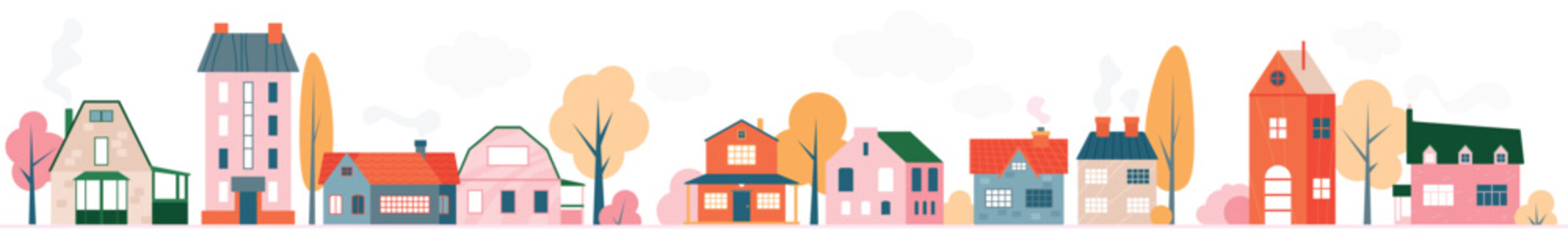 Cute cartooon charming small town village houses panorama. Front view of a variety of brick cottages and apartments vector illustration