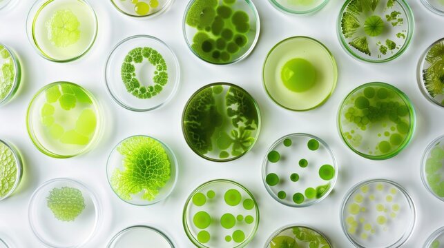 A collection of petri dishes filled with various green cultures and microorganisms. The dishes display different shapes and sizes of green growths.