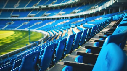Obraz premium Empty blue stadium seats with a view of the green field. The scene captures the essence of sports venues and anticipation for events.