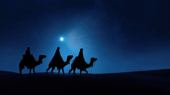 A serene scene unfolds under the cover of night, silhouettes of three figures on camels traverse a desert landscape, guided by a radiant star.Created with Generative AI, not depicting real subjects.
