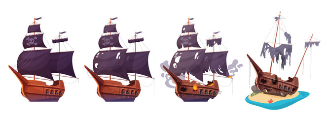 Pirate ship after sea battle, stages of boat damage history set vector illustration. Cartoon isolated vintage wooden corsair caravel, abandoned sailboat with fire, broken sails on mast and deck