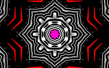 A symmetrical geometric design featuring a central pink star surrounded by white and black lines. Red arrow shapes accentuate the black background.