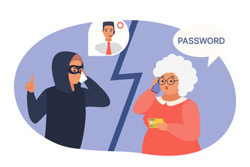 Mobile phone fraud with elderly woman as victim of scam vector illustration. Cartoon scammer talking to senior person to deceive, steal credit card or bank account password, old people trust thief