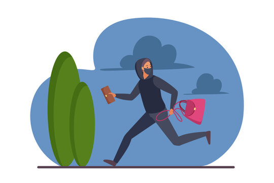 Theft of bag and wallet by thief, robbery vector illustration. Cartoon male robber character running and stealing, bandit in disguise mask or shoplifter holding stolen property or money to steal