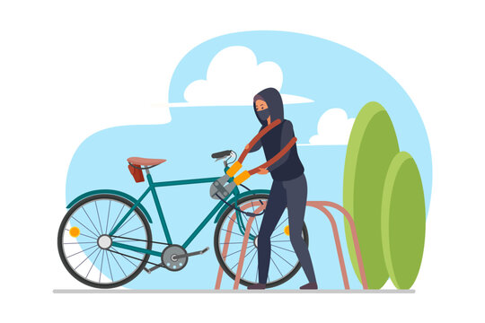 Control and help in solving crimes by facial recognition technology vector illustration. Cartoon male thief stealing bicycle from parking lot, identification of criminals face by CCTV camera on wall
