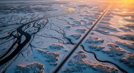 Aerial view of a vast winter landscape at sunset. Braided river system creating natural patterns. Straight highway symbolizing journey and connection. Arctic tundra exploration