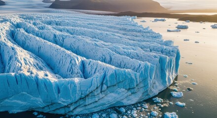 Majestic arctic glacier landscape from an aerial perspective. Blue ice formations and crevasses on a massive ice sheet. Calving icebergs floating in the water. Climate change concept