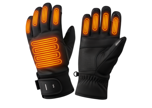 Modern black heated gloves with visible glowing orange heating elements, providing essential thermal warmth and comfort for cold weather, outdoor activities, isolated on a clean transparent background