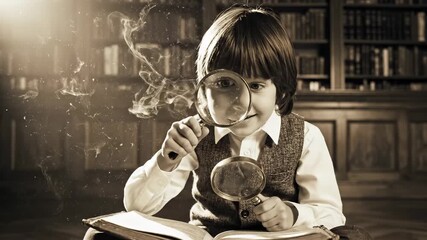 Boy in library examines a book with magnifying glasses. A curious portrait of learning and knowledge. Scholarly pursuit, intellectual curiosity, vintage education.