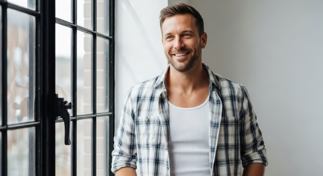Confident Caucasian adult male looking out a window with a positive smile. Successful entrepreneur planning future goals. Modern lifestyle and personal growth concept. Casual handsome man