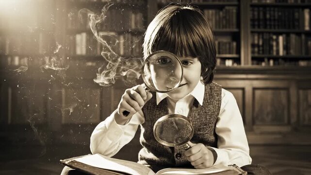 Boy in library examines a book with magnifying glasses. A curious portrait of learning and knowledge. Scholarly pursuit, intellectual curiosity, vintage education.