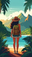 Cartoon-style illustration of a person backpacking, mountain view