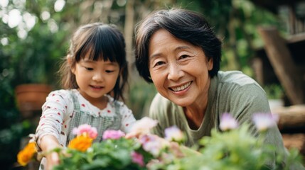 A joyful grandmother and her young granddaughter are planting colorful flowers in a vibrant garden. They enjoy their time together under the warm sun, sharing smiles and laughter.