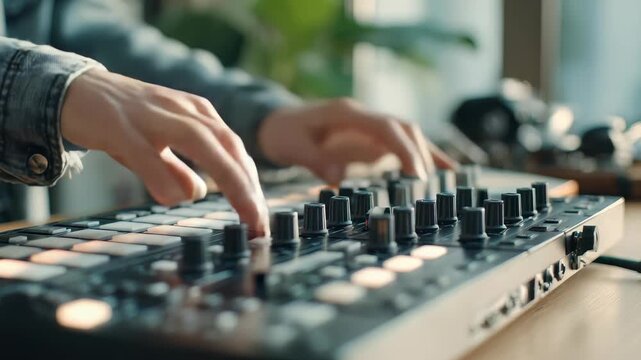Close up view of a person working with a digital audio workstation, focusing on the hands and equipment. The scene highlights creativity, technology, and the dynamic world of music production