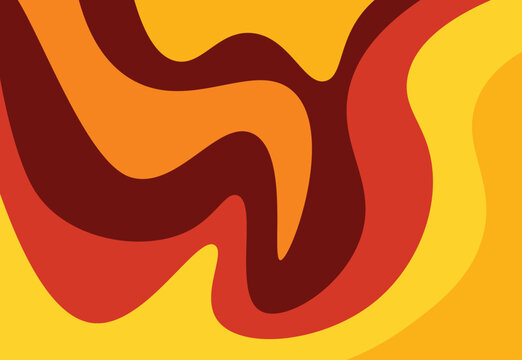 Retro abstract background with swirling shapes in shades of orange, yellow, and brown, reminiscent of 1970s psychedelic art and vintage designs