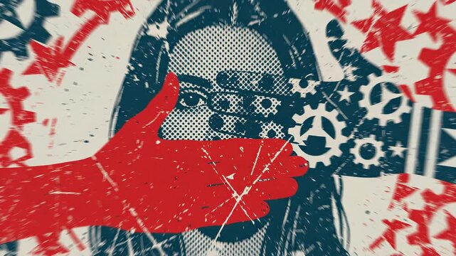 Woman's face covered by hands and gears, grunge texture. A conceptual design expressing censorship and power.. Propaganda illustration, concept of freedom of expression, political manipulation.