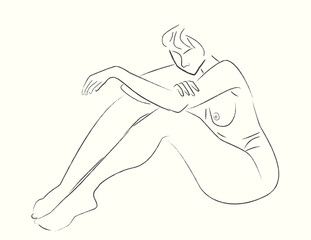 A minimalistic female silhouette pencil sketch, featuring simple lines and clean ink drawing. Black and white design emphasizing elegance, grace, and understated beauty in a sleek, artistic style.