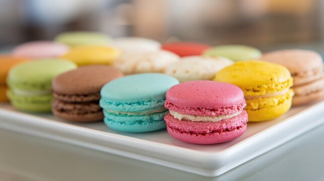 A vibrant collection of macarons sits neatly on a white tray. The pastel colors and intricate designs attract attention, inviting guests to enjoy these sweet treats during a sunny afternoon.